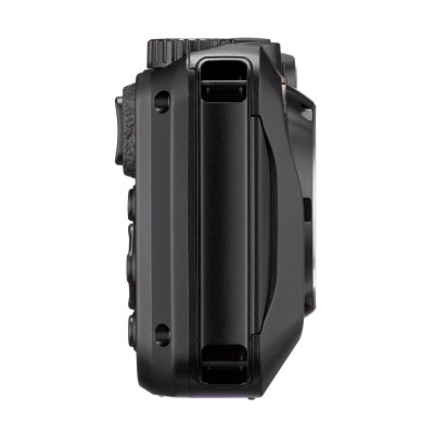 Câmara fotográfica compacta preta vista lateral