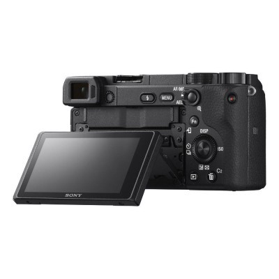 Câmara digital Sony preta com ecrã LCD articulado vista de trás