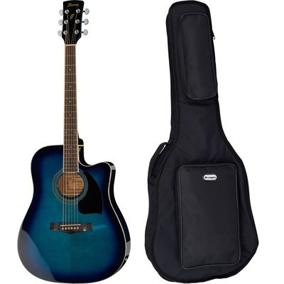 Guitarra acústica azul com capa preta ao lado
