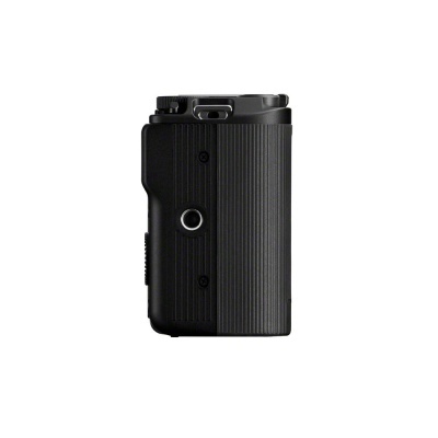 Produto eletrônico preto com textura acanalada visto de lado