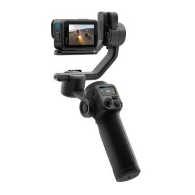 Gimbal preto com câmera de ação preta montada e ecrã a mostrar imagem de motos
