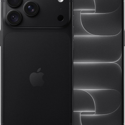 Smartphone preto com três câmaras traseiras e ecrã frontal com design geométrico abstracto.