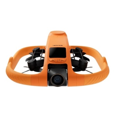 Drone subaquático laranja com quatro hélices e câmara frontal