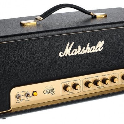 Cabeça de amplificador Marshall preta com painel dourado e botões de controlo