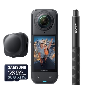 Câmara Insta360 com acessórios e cartão de memória