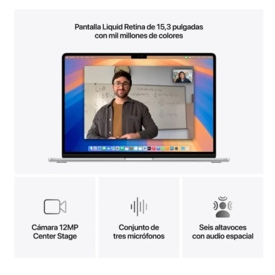 Computador portátil com ecrã Liquid Retina, videochamada e textos descritivos das funcionalidades
