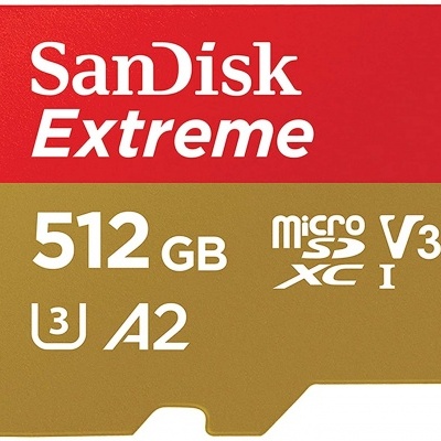 Cartão microSD SanDisk Extreme vermelho e dourado 512 GB com símbolos microSDXC I V30 U3 A2