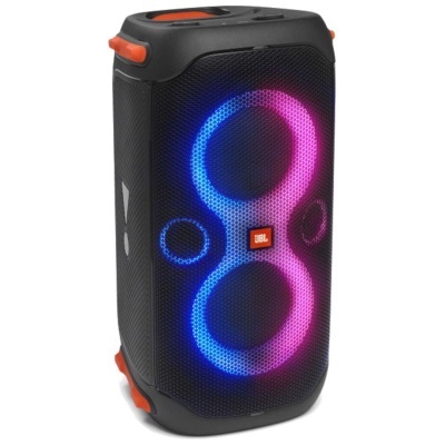 Coluna portátil JBL preta com luzes LED coloridas e detalhes em laranja