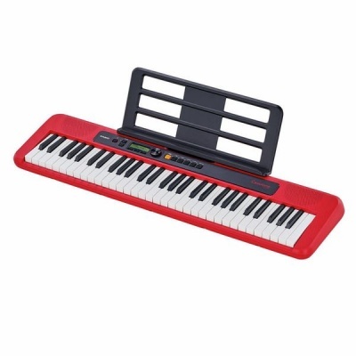 Teclado musical elétrico vermelho com 49 teclas e suporte para partituras preto