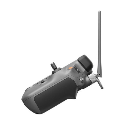 Comando remoto cinza e preto com antena e botões