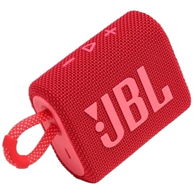 Coluna portátil vermelha JBL com alça e botões em relevo.