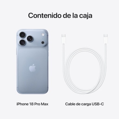 iPhone 18 Pro Max azul claro com três câmaras e cabo USB-C branco