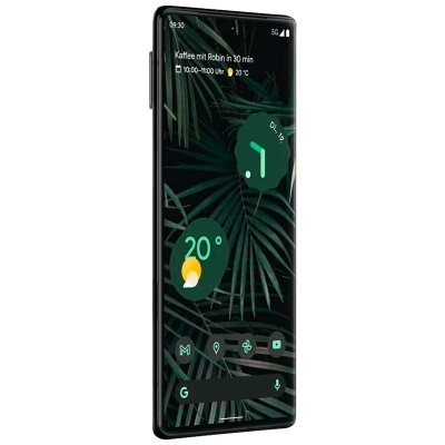 Smartphone preto com ecrã curvado e interface com tema de folhas verdes