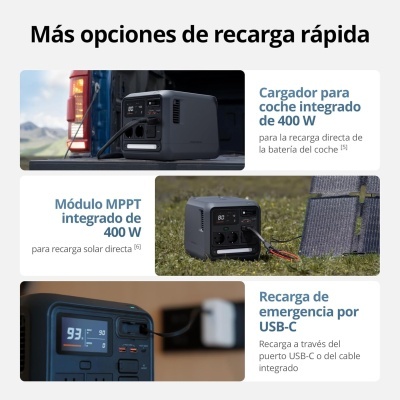 Carregador portátil cinza escuro com display digital e múltiplas portas para recarga rápida