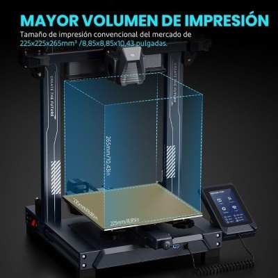 Impressora 3D preta com ecrã tátil azul e descrição de volume de impressão