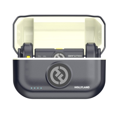 Carregador portátil preto com tampa transparente e luzes LED azuis