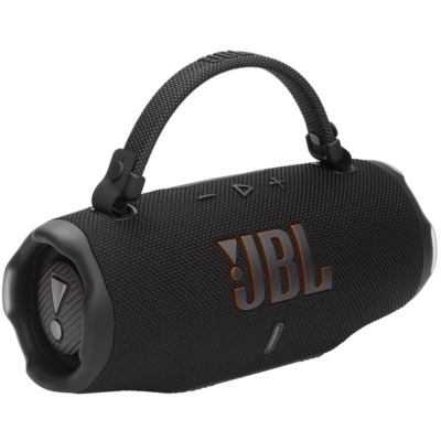 Coluna portátil preta à prova de água JBL com pega e botões no topo.