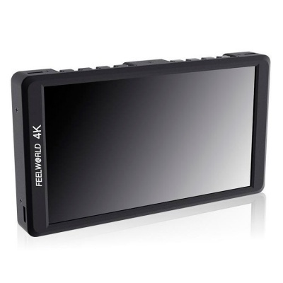 Ecrã digital preto retangular com texto FEELWORLD 4K na lateral