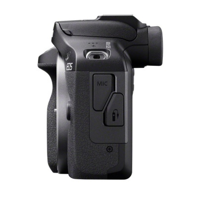 Câmara fotográfica Canon EOS preta vista de lado mostrando botões MIC e símbolo de auscultadores.