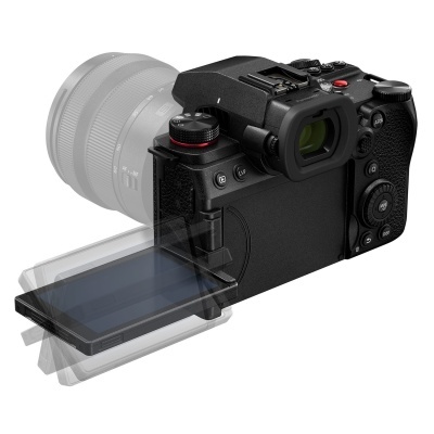 Câmara digital preta com ecrã LCD ajustável e lente cinza