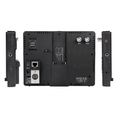 Dispositivo eletrónico preto com múltiplas entradas e saídas, visto de vários ângulos