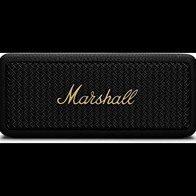 Coluna de som portátil Marshall preta com logótipo dourado