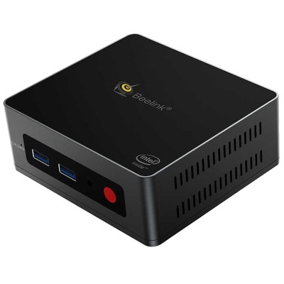 Mini PC preto da marca Beelink com portas USB e botão vermelho
