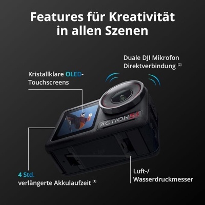 Câmara de ação preta com ecrã OLED e texto em alemão ao fundo