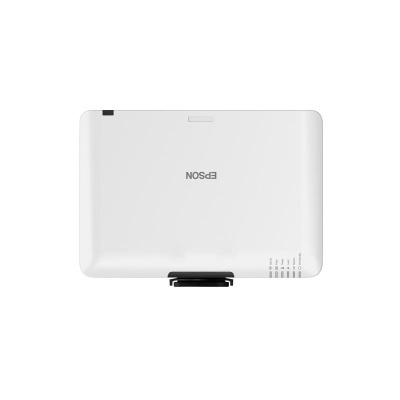 Projetor branco EPSON visto de cima com etiquetas no canto inferior direito