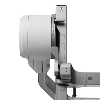 Estabilizador de câmara cinza e branco com marcações numéricas e texto AUTO LOCK