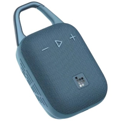 Coluna portátil azul com botões de controlo visíveis e gancho integrado