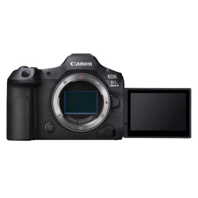 Máquina fotográfica digital Canon EOS R5 Mark II preta com visor LCD articulado aberto.