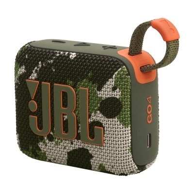 Coluna portátil JBL GO4 camuflada com alça laranja