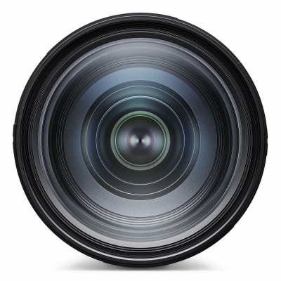 Lente de câmera fotográfica em close-up, vista frontal