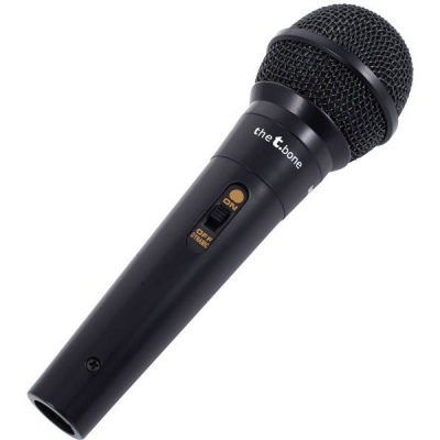 Microfone preto com botão ON e OFF MUTE, marca the t.bone