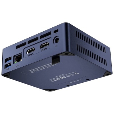 Dispositivo azul escuro com portas USB, LAN, HDMI e texto de certificações no fundo