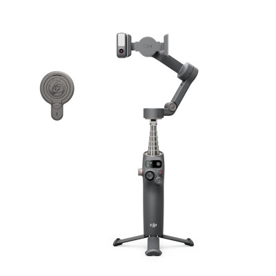 Estabilizador de câmara DJI cinza escuro com tripé e acessório circular