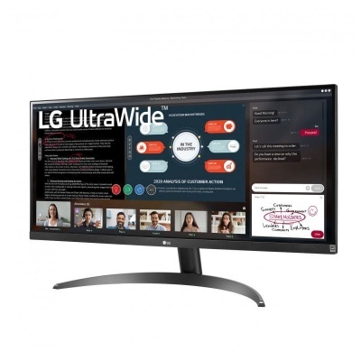 Monitor LG UltraWide panorâmico a mostrar vídeo conferência e gráficos
