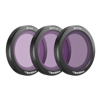 Três filtros de lente pretos com vidro roxo e texto branco