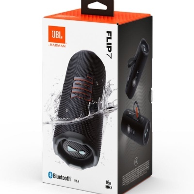 Embalagem da coluna portátil JBL Flip 7 preta, com texto Bluetooth V5.4 e bateria 16h