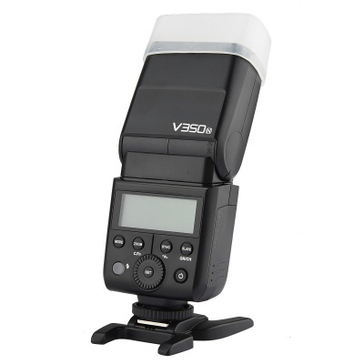 Flash de estúdio preto V350S com difusor branco e visor LCD montado numa base preta