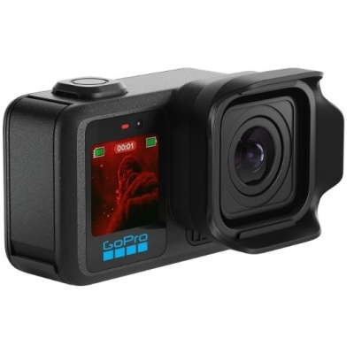 Câmara de ação preta GoPro com ecrã frontal mostrando imagem e ícones