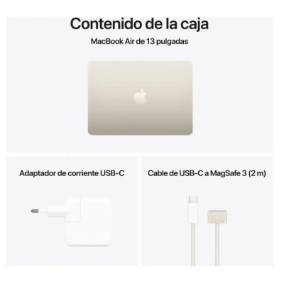 Conteúdo da caixa de MacBook Air 13 polegadas com adaptador USB-C e cabo USB-C a MagSafe 3