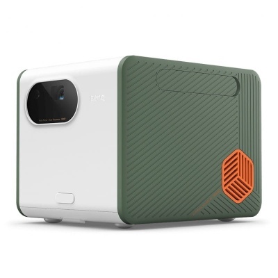 Projetor branco e verde com detalhe laranja e lente preta