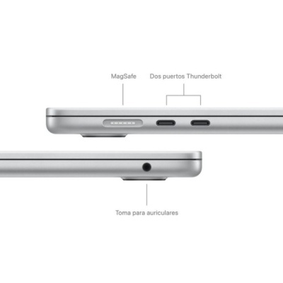Portátil prateado com portas MagSafe, Thunderbolt e tomada para auriculares