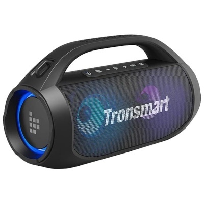 Coluna portátil Tronsmart preta com luzes LED e botões no topo