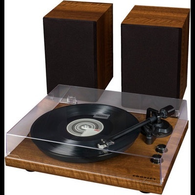 Gira-discos de madeira com disco de vinil e duas colunas