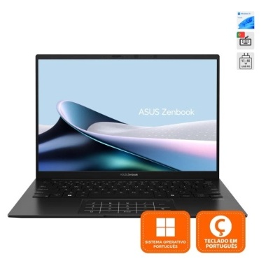 Computador portátil ASUS Zenbook preto com ecrã ativo e etiquetas de sistema operativo e teclado em português