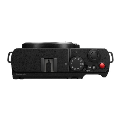 vista superior de uma câmara digital preta com botões e dials