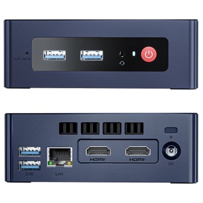 Caixa de computador compacta azul escura com portas USB, LAN, HDMI e botão de energia.